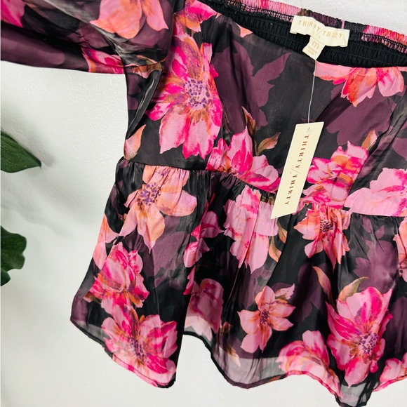 NWT Thirty/Thirty Floral Chiffon Smocked BabyDoll Bubble Long Sleeve Top - Picture 4 of 8